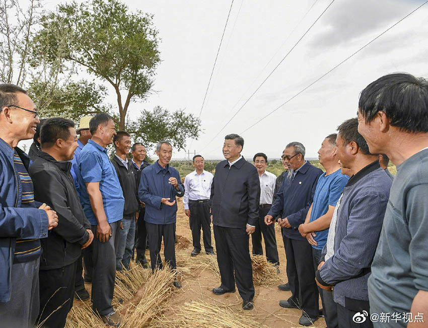 8月19日至22日，中共中央總書記、國家主席、中央軍委主席習(xí)近平在甘肅考察。這是21日上午，習(xí)近平在武威市古浪縣八步沙林場實地了解“草方格壓沙”作業(yè)。 新華社記者 謝環(huán)馳 攝