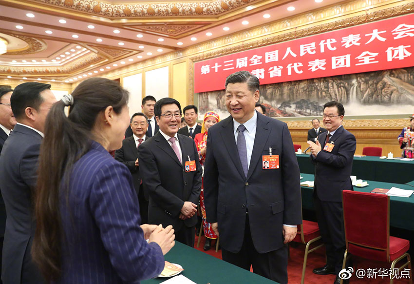 3月7日，中共中央總書記、國家主席、中央軍委主席習(xí)近平參加十三屆全國人大二次會議甘肅代表團(tuán)的審議。 新華社記者 王曄 攝