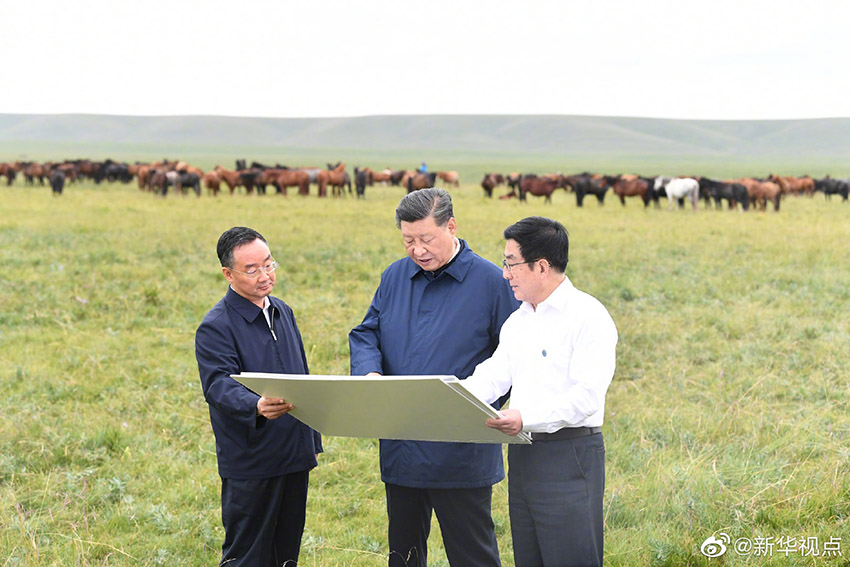 8月20日下午，中共中央總書記、國家主席、中央軍委主席習(xí)近平抵達(dá)甘肅省張掖市山丹縣，前往山丹培黎學(xué)校和山丹馬場考察調(diào)研，了解當(dāng)?shù)芈殬I(yè)教育培訓(xùn)和祁連山生態(tài)環(huán)境修復(fù)保護(hù)等情況。 新華社記者 謝環(huán)馳 攝