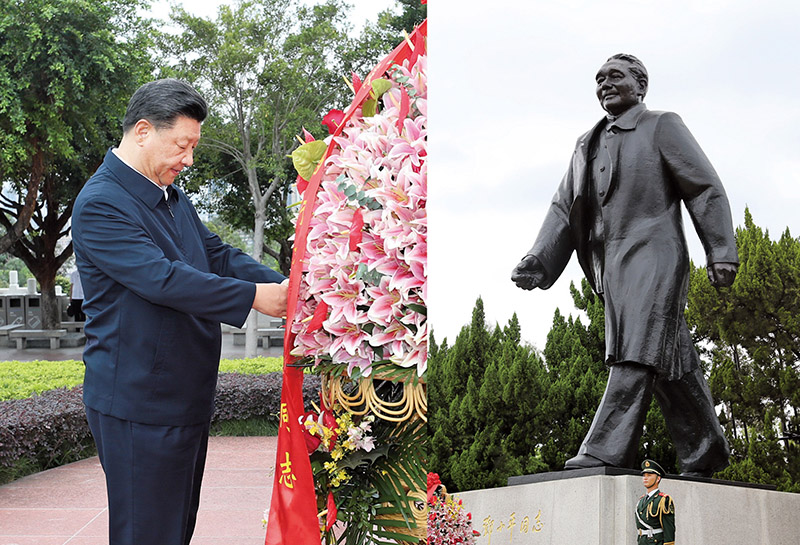 2020年10月14日，深圳經(jīng)濟(jì)特區(qū)建立40周年慶祝大會在廣東省深圳市隆重舉行。中共中央總書記、國家主席、中央軍委主席習(xí)近平在會上發(fā)表重要講話。這是當(dāng)天下午，習(xí)近平來到蓮花山公園，向鄧小平同志銅像敬獻(xiàn)花籃。 新華社記者 王曄/攝